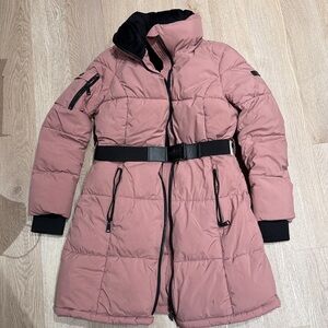 DKNY Pink Puffer Coat with black belt and removable Fur Hood